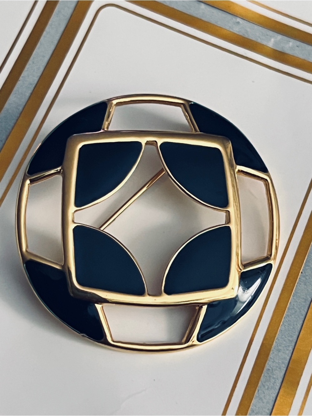 Monet Gold-Tone Brooch with Navy and Cream Enamel